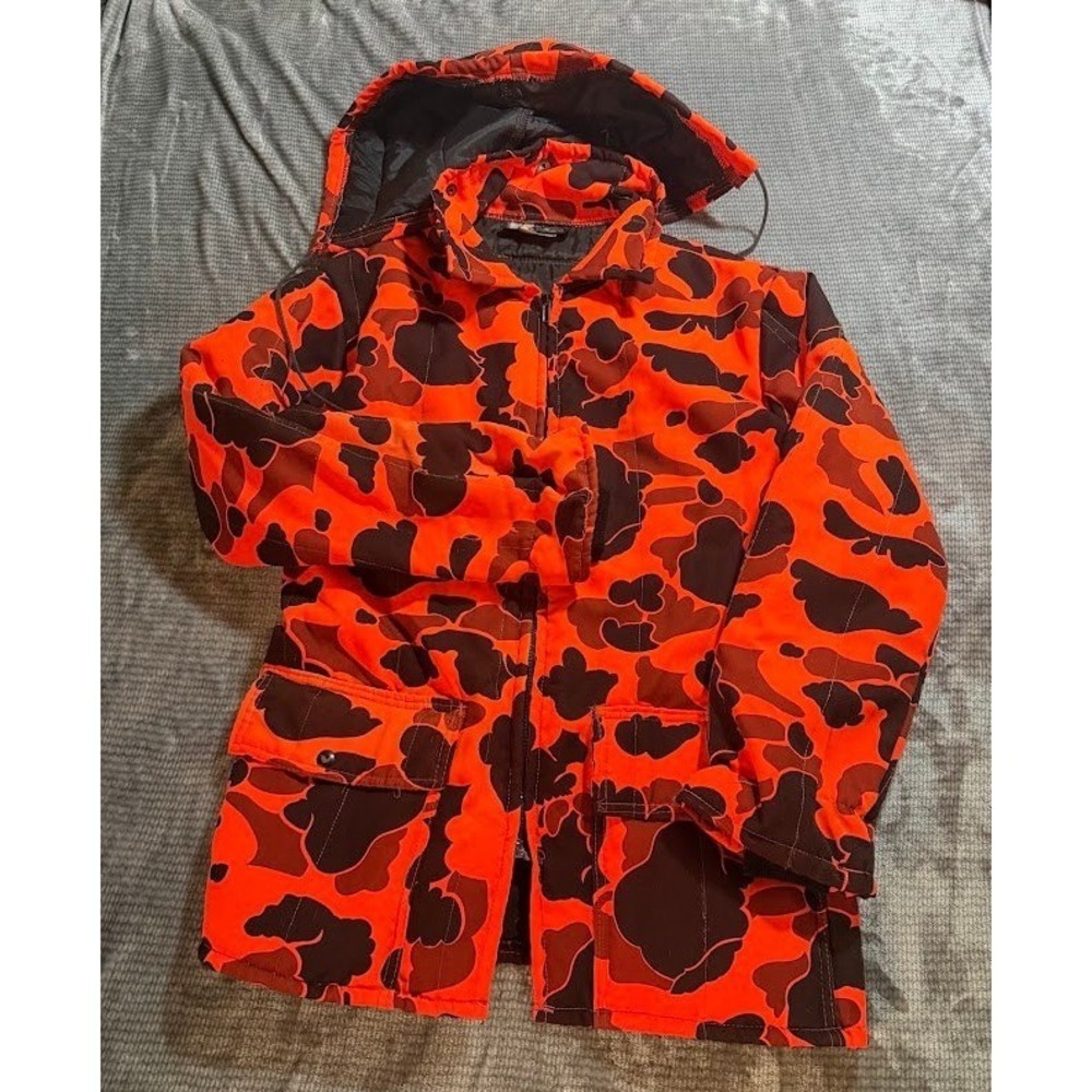 Patriot Industries Blaze Orange Camo Hunting Jacket Hooded Parka Mens Large USA